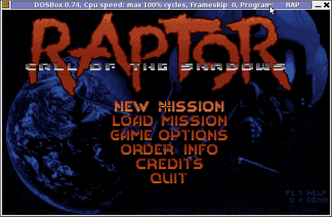 Raptor Call of the Shadows main screen linux debian