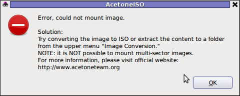 AcetoneISO can't open MDF error message Debian GNU / Linux