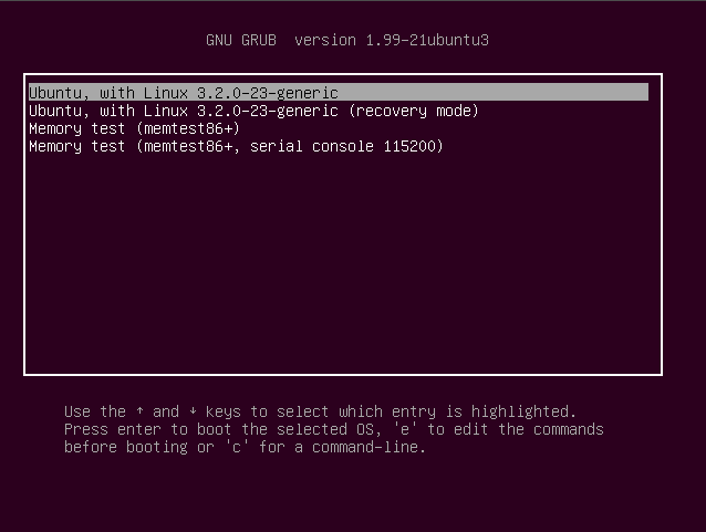 Ubuntu Linux version 12.04 GRUB boot textscreen picture