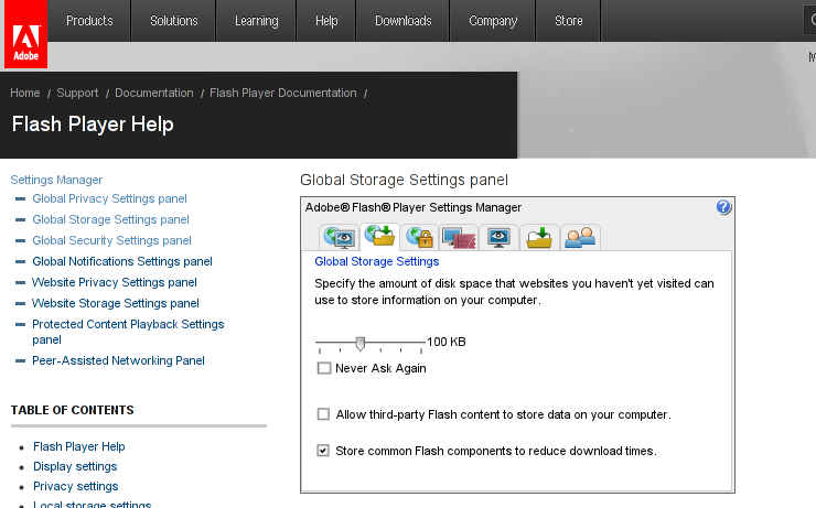 Adobe Flash Player online settings manager unticked option