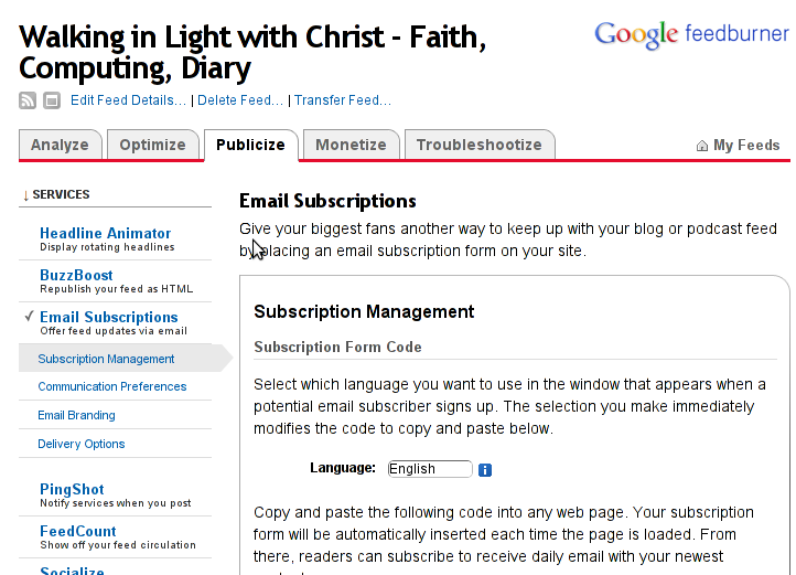 Feedburner Email subscription box management screenshot 1