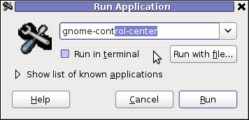 GNOME run application Dialog GNOME Control Center cmd debian GNU / Linux