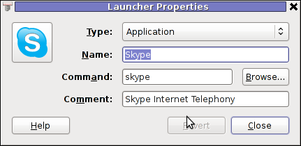 GNOME2 Skype screenshot Launcher properties