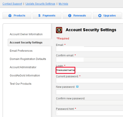 Godaddy account security settings screenshot change username and password in Godaddy