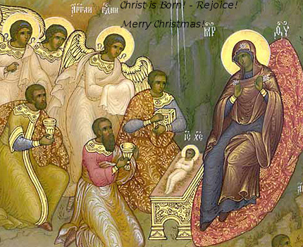 Nativity of Christ Orthodox Icon with Merry Christmas greeting!, Happy Christ Birth
