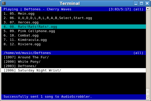 Herrie Minimalistic Music player for Linux and BSD<br />
Ports are also available for FreeBSD, NetBSD and OpenBSD.<br />
To install on FreeBSD:<br /><br />
<code>
root@freebsd# cd /usr/ports/audio/herrie<br />
root@freebsd# make install clean<br />
...<br />
</code><br /><br />
I'll be happy to hear feedback and recommendations on any other console audio cd players I might forgot to mention.<br />
Which is your favourite console text based cd audio player?<br />
		</div>
	</div>

	<div class=
