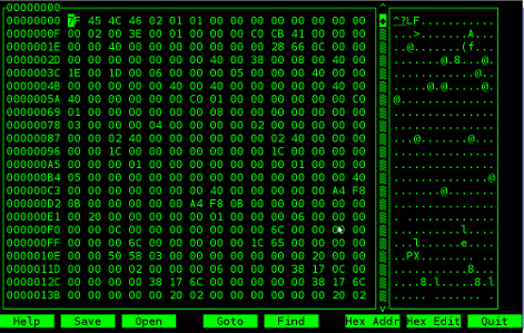 Hexcurse Debian Linux text binary editor screenshot