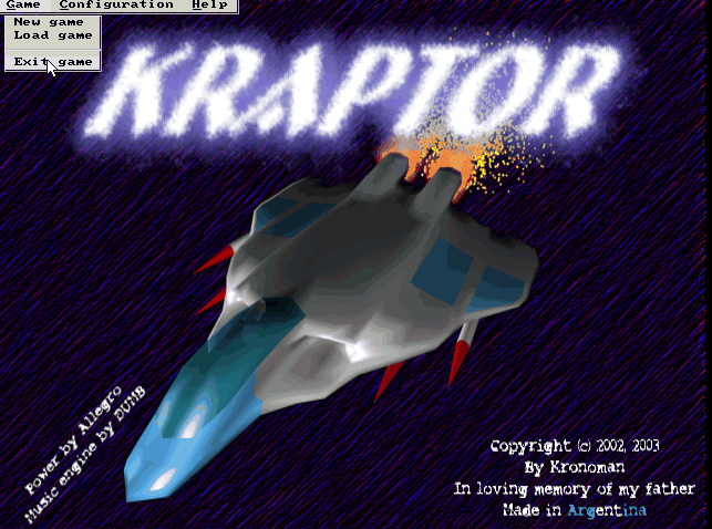 KRaptor main menu game screenshot Linux Debian Squeeze