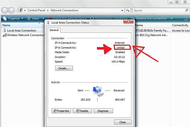 Limited Connectivty Windows error Lan Interface, status screenshot
