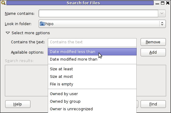 gnome-search-tool available options screenshot Debian Linux