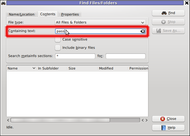 Kfind Recursive file search tool for Linux KDE graphic environment, input text field screenshot