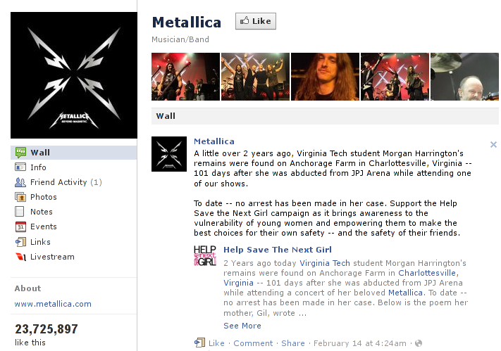 Metallica Musician Band fan likes page facebook screenshot