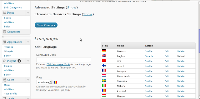 qTranslate Wordpress translate screenshot 2