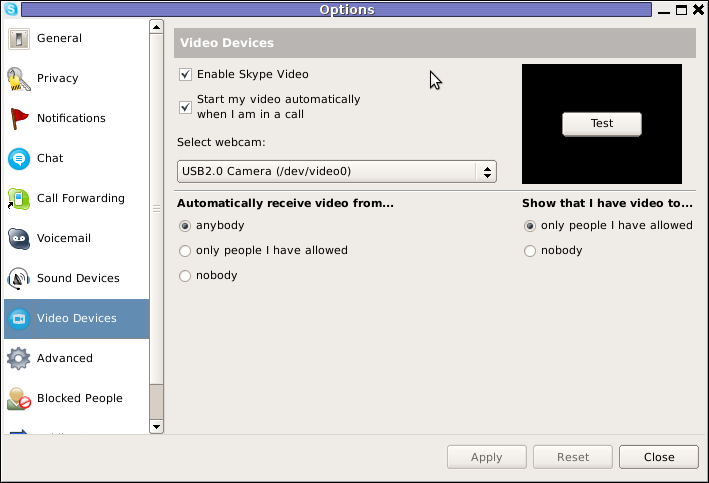 Skype Options Video devices screenshot