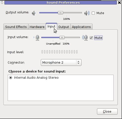 Sound Preferences input gnome Linux muted microphone screenshot
