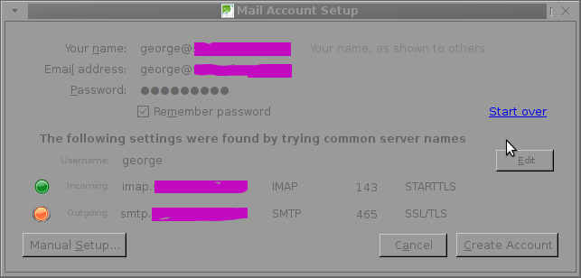 Thunderbird new Mail account setup auto config warning SMTP not OK