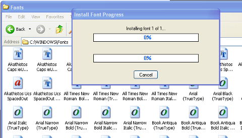 Windows XP install new fonts in Windows\fonts progress dialog
