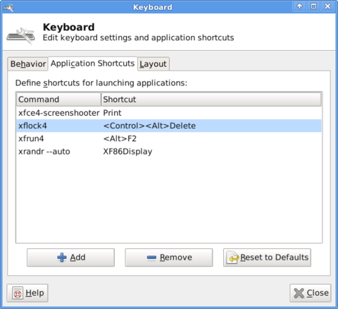 XFCE4 keyboard settings window Slackware Linux screenshot