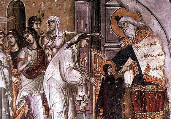      .   . 14 .   ,      . Presentation of Mary. Fresco in the Protaton Church on Mt. Athos attributed to Manuel Panselinos, fourteenth century. : macedonian-heritage.gr