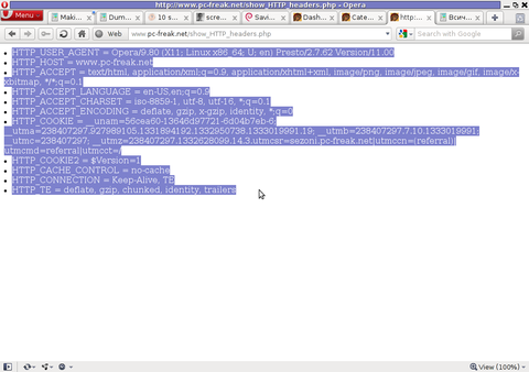Screenshot show HTTP headers.php script Opera Debian Linux