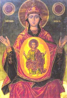 Богородица Ширшая небес - икона от Димитър Молеров, 1860 г, църквата "Света Троица" в Банско. Източник: journey.bg