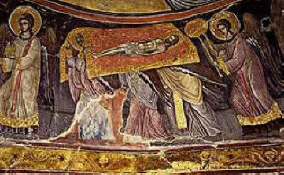 Ангели носят Христовата плащаница. Стенопис от Теофан Критски в Светогорския манастир Ставроникита. 
