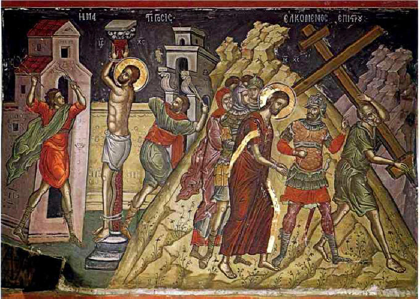 Иисус Христос на Голгота. Стенопис от ср. на XVI в. от Теофан Критски в Манастира Ставроникита