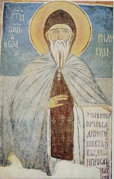 Св. Йоан Рилски. Стенопис от XIV в. в църквата на Земенския манастир.