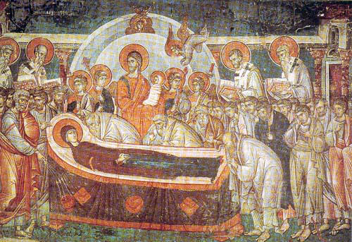 Успение Богородично. Фреска от първата половина на XIV век в храма "Св. Николай" в Солун. 