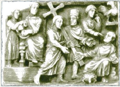 Пилат и Христос. Носене на Кръста. Резба от слонова кост от началото на V век днес в Британския музей в Лондон