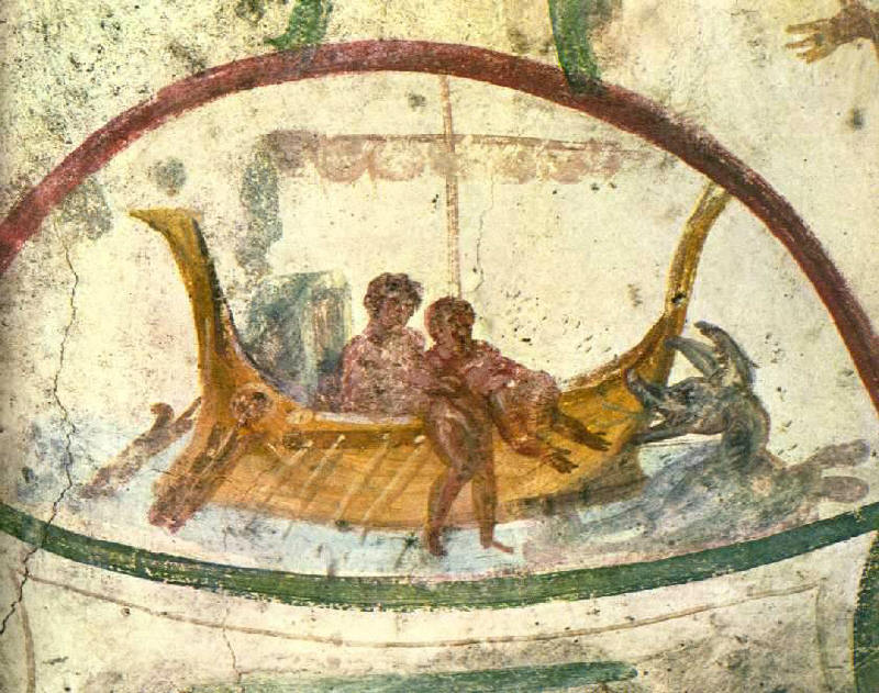 Пророк Йона и кита - фреска от 3-4 в. Catacomb of Sts. Peter and Marcellinus.вРим