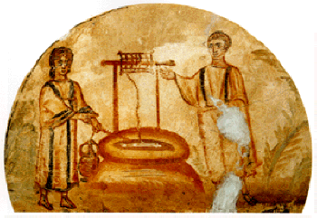 Иисус Христос и Самаритянката край кладенеца. Стенопис от ср. на IV в., Катакомбите Виа Латина в Рим