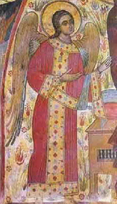 Ангелът в ляво от трона на св. Богородица - детайл от композицията в конхата на източната стена на трапезарията в Бачковския манастир