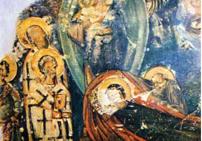 Успение Богородично. Стенопис от  XIII в. в църквата "Св. 40 мъченици" в Търново